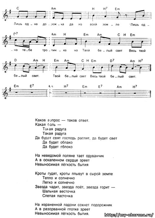 Аккорды, ноты и слова песни: Невыносимая лёгкость бытия (Егор Летов)